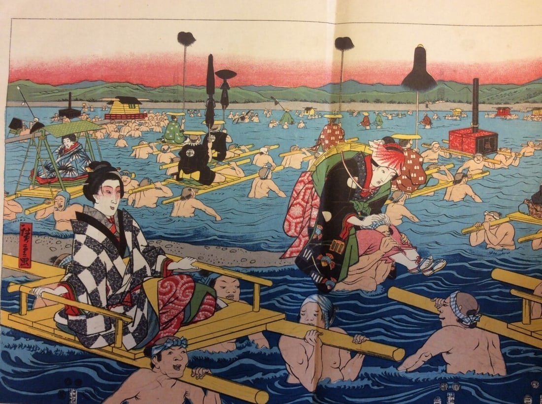 Color 1856 Perry Expedition Japan Ukiyo-e Facsimile Lithograph Oi River Crossing - 2