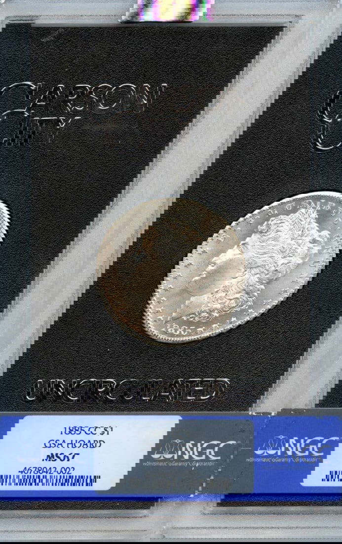 MS67 1885-CC Morgan Dollar GSA HOARD S$1 NGC: MS67 1885-CC Morgan Dollar GSA HOARD S$1 NGC This listing features MS67 1885-CC Morgan Dollar GSA HOARD S$1 NGC. Item specifics are provided below. Item Specifics: Certification: NGC Certification