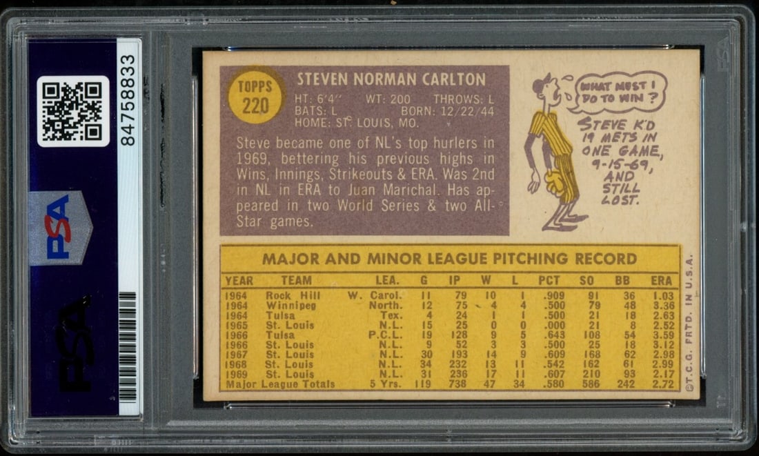 DNA 1970 TOPPS Steve Carlton HOF #220 Authentic Card Signed Cardinals PSA/ - 2