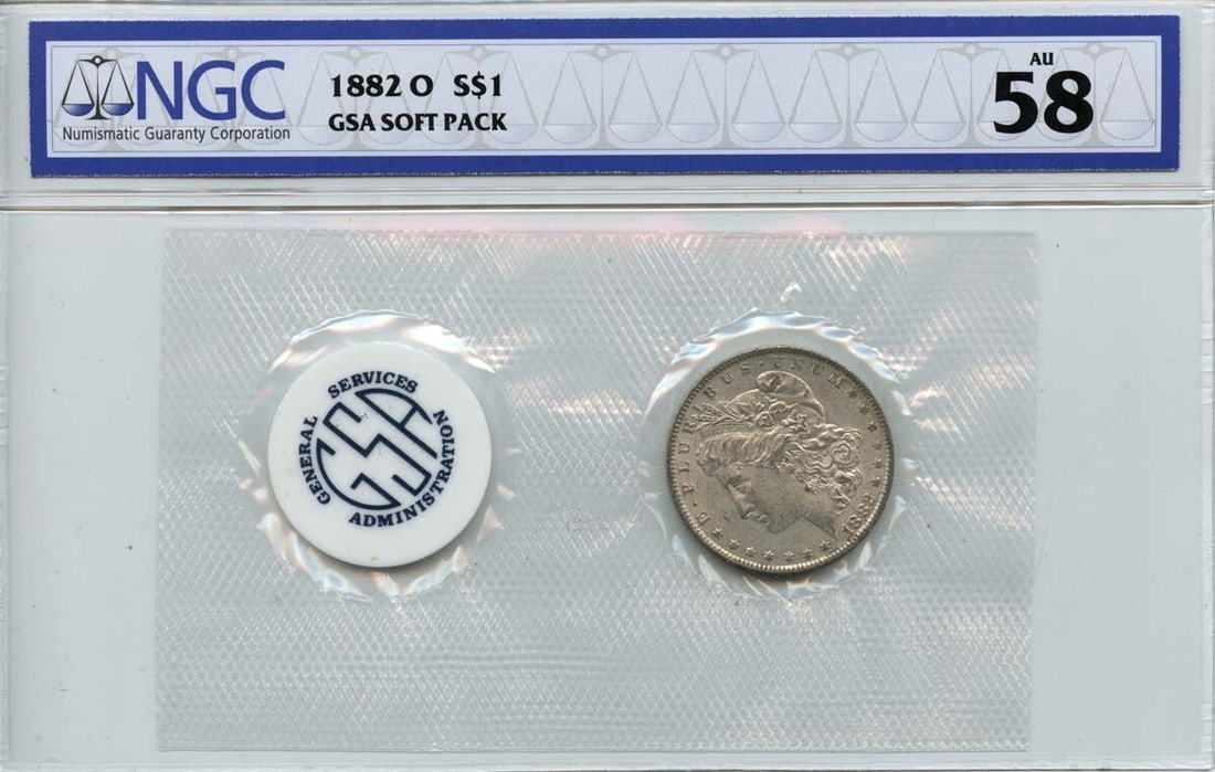 AU58 1882-O Morgan Dollar GSA SOFT PACK S$1 NGC: AU58 1882-O Morgan Dollar GSA SOFT PACK S$1 NGC This listing features AU58 1882-O Morgan Dollar GSA SOFT PACK S$1 NGC. Item specifics are provided below. Item Specifics: Certification: NGC