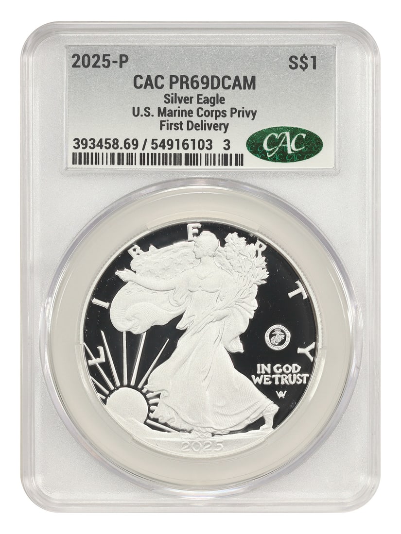 First Delivery) - 2025-P $1 Silver Eagle CACG PR69DCAM (Marine Corps Privy: First Delivery) - 2025-P $1 Silver Eagle CACG PR69DCAM (Marine Corps Privy This listing features First Delivery) - 2025-P $1 Silver Eagle CACG PR69DCAM (Marine Corps Privy. Item specifics are