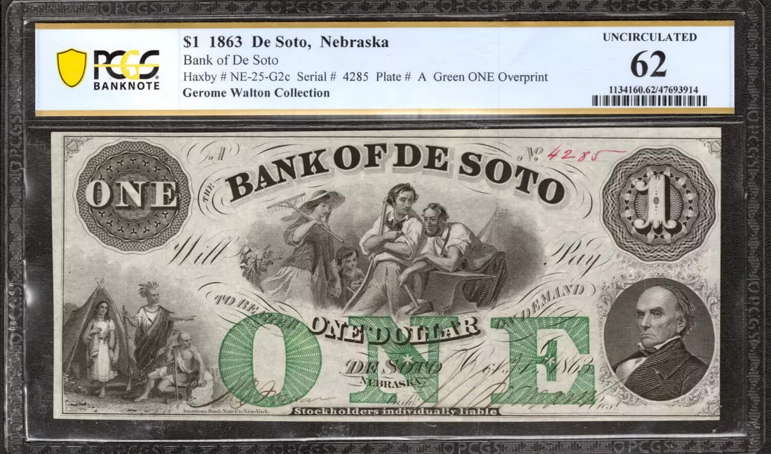(914) 1863 $1 BANK OF DE SOTO NEBRASKA OBSOLETE NOTE GREEN OVERPRINT PCGS 62 UNC (1 of 2)