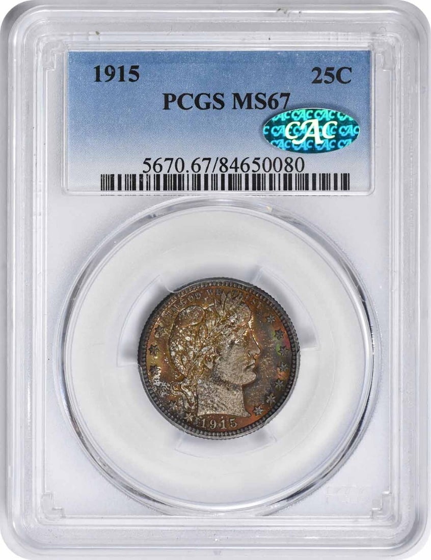 (CAC) 1915 Barber Silver Quarter MS67 PCGS: (CAC) 1915 Barber Silver Quarter MS67 PCGS This listing features (CAC) 1915 Barber Silver Quarter MS67 PCGS. Item specifics are provided below. Item Specifics: Country Of Origin: United States Certifi