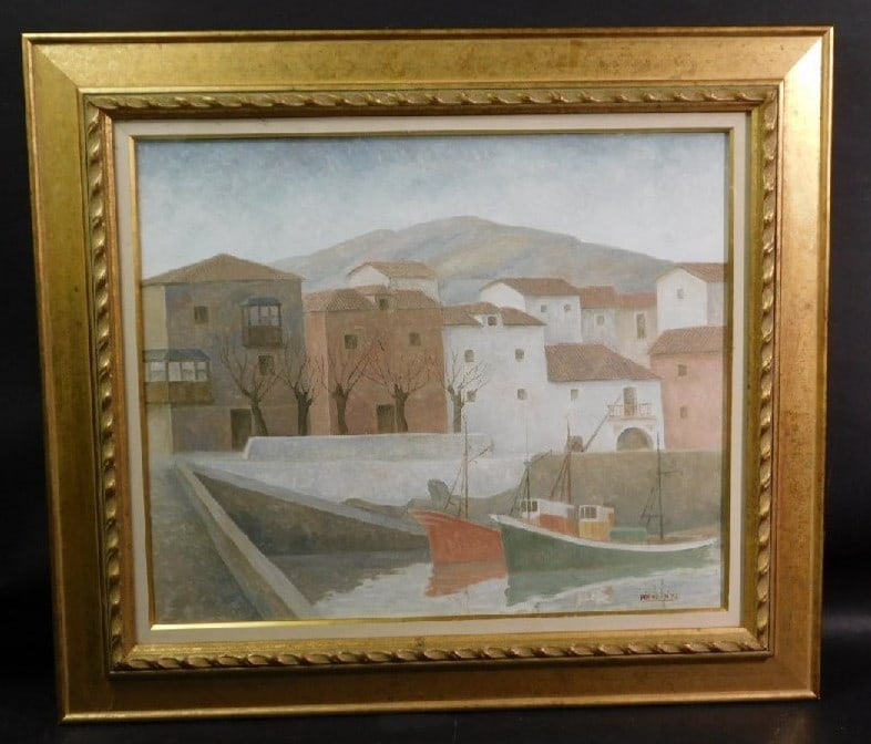 Framed Jose Luis Perez-Diez Oil Painting F10 Spanish Harbor Landscape Signed (1 of 9)
