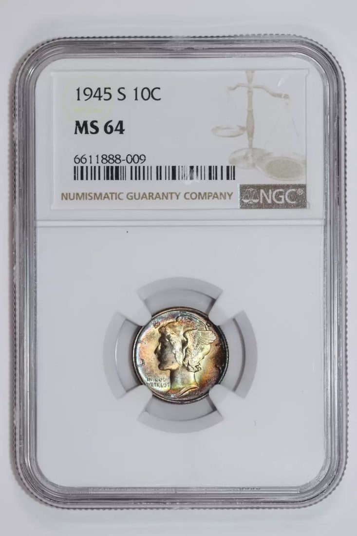 GORGEOUS RAINBOW TONING - 1945-S MERCURY DIME NGC MS64: GORGEOUS RAINBOW TONING - 1945-S MERCURY DIME NGC MS64 This listing features GORGEOUS RAINBOW TONING - 1945-S MERCURY DIME NGC MS64. Item specifics are provided below. Item Specifics: Country Of Origi