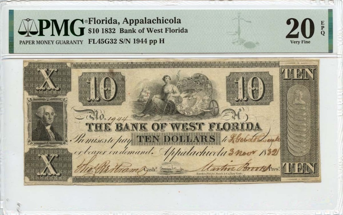 FL Obsolete Note Bank of West Florida PMG VF20 EPQ - 1832 $10 Appalachicola: FL Obsolete Note Bank of West Florida PMG VF20 EPQ - 1832 $10 Appalachicola This listing features FL Obsolete Note Bank of West Florida PMG VF20 EPQ - 1832 $10 Appalachicola. Item specifics are provid