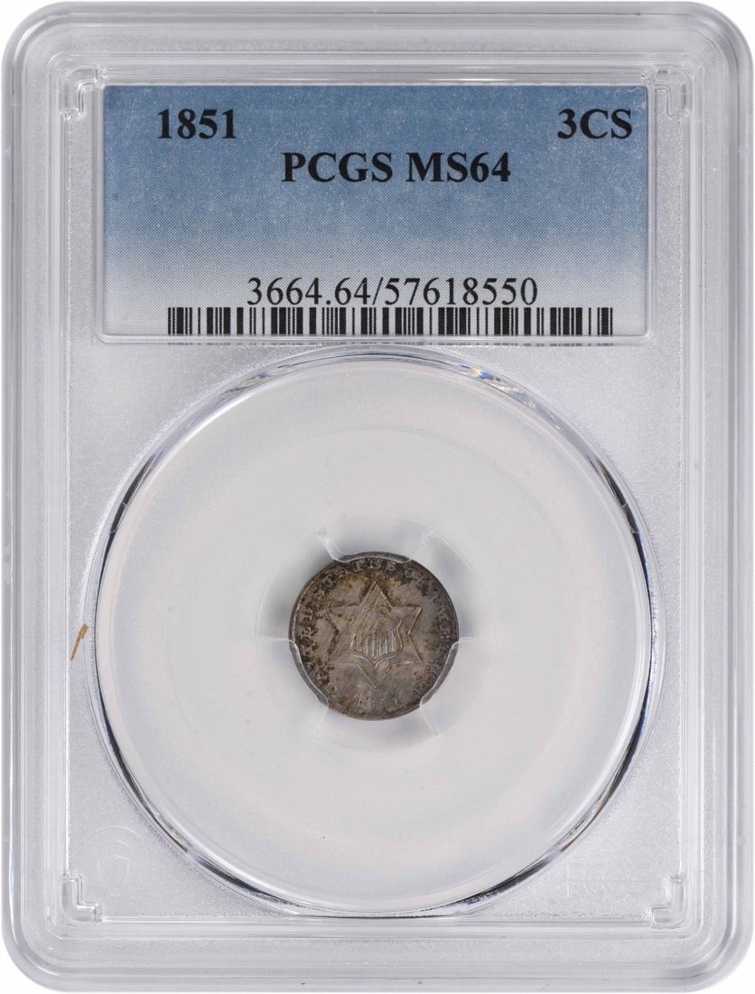 PCGS 1851 Three Cent Silver MS64: PCGS 1851 Three Cent Silver MS64 This listing features PCGS 1851 Three Cent Silver MS64. Item specifics are provided below. Item Specifics: Country Of Origin: United States Certification: PCGS