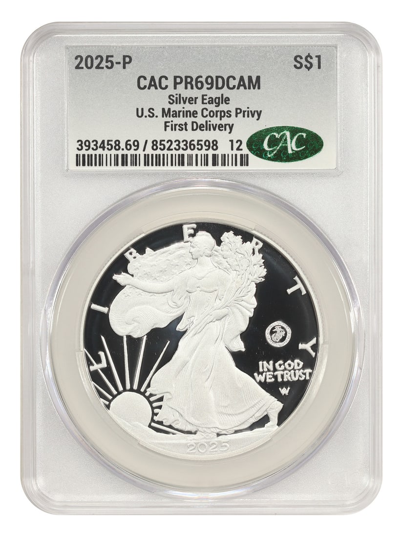 First Delivery) - 2025-P $1 Silver Eagle CACG PR69DCAM (Marine Corps Privy: First Delivery) - 2025-P $1 Silver Eagle CACG PR69DCAM (Marine Corps Privy This listing features First Delivery) - 2025-P $1 Silver Eagle CACG PR69DCAM (Marine Corps Privy. Item specifics are