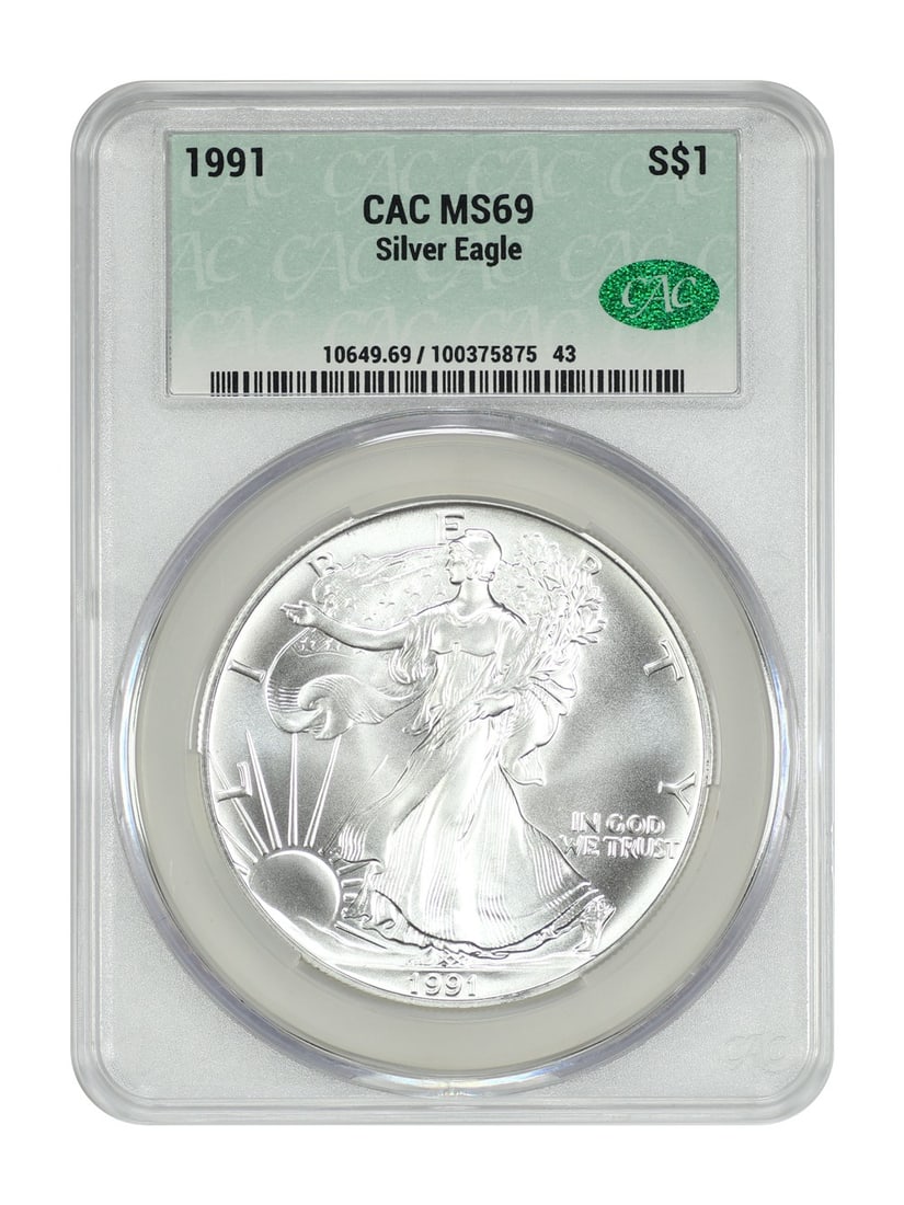 Silver Eagles - 1991 $1 Silver Eagle CACG MS69: Silver Eagles - 1991 $1 Silver Eagle CACG MS69 This listing features Silver Eagles - 1991 $1 Silver Eagle CACG MS69. Item specifics are provided below. Item Specifics: Certification: CACG
