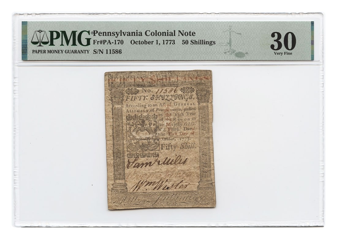 1773 50 Shillings Pennsylvania Colonial Note PMG VF30 (Paper P - FR. PA-170 Oct 1: 1773 50 Shillings Pennsylvania Colonial Note PMG VF30 (Paper P - FR. PA-170 Oct 1 This listing features 1773 50 Shillings Pennsylvania Colonial Note PMG VF30 (Paper P - FR. PA-170 Oct 1. Item
