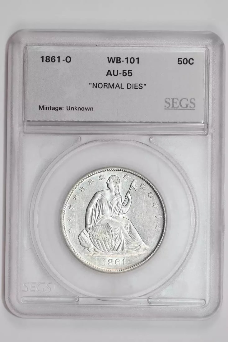 AU++ 1861-O SEATED LIBERTY HALF DOLLAR 'NORMAL DIES" CHOICE: AU++ 1861-O SEATED LIBERTY HALF DOLLAR 'NORMAL DIES" CHOICE This listing features AU++ 1861-O SEATED LIBERTY HALF DOLLAR 'NORMAL DIES" CHOICE. Item specifics are provided below. Item Specifics:
