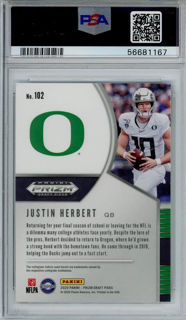 #102 Justin Herbert 2020 Panini Prizm DP Grade 9 Card - 2