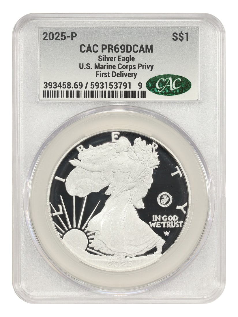 First Delivery) - 2025-P $1 Silver Eagle CACG PR69DCAM (Marine Corps Privy: First Delivery) - 2025-P $1 Silver Eagle CACG PR69DCAM (Marine Corps Privy This listing features First Delivery) - 2025-P $1 Silver Eagle CACG PR69DCAM (Marine Corps Privy. Item specifics are provided