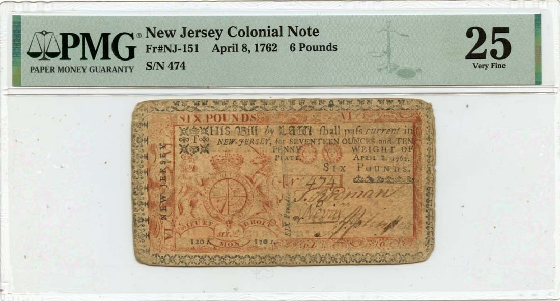 6 Pounds New Jersey Colonial Note FR#NJ-151 PMG VF25 GCC Green - 1762 April 8: 6 Pounds New Jersey Colonial Note FR#NJ-151 PMG VF25 GCC Green - 1762 April 8 This listing features 6 Pounds New Jersey Colonial Note FR#NJ-151 PMG VF25 GCC Green - 1762 April 8. Item specifics are pr