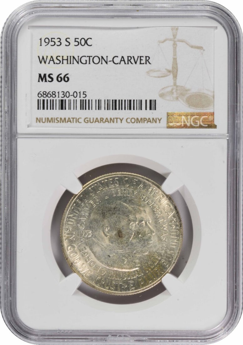 NGC W. Carver Commemorative Silver Half Dollar 1953-S MS66: NGC W. Carver Commemorative Silver Half Dollar 1953-S MS66 This listing features NGC W. Carver Commemorative Silver Half Dollar 1953-S MS66. Item specifics are provided below. Item Specifics: Country