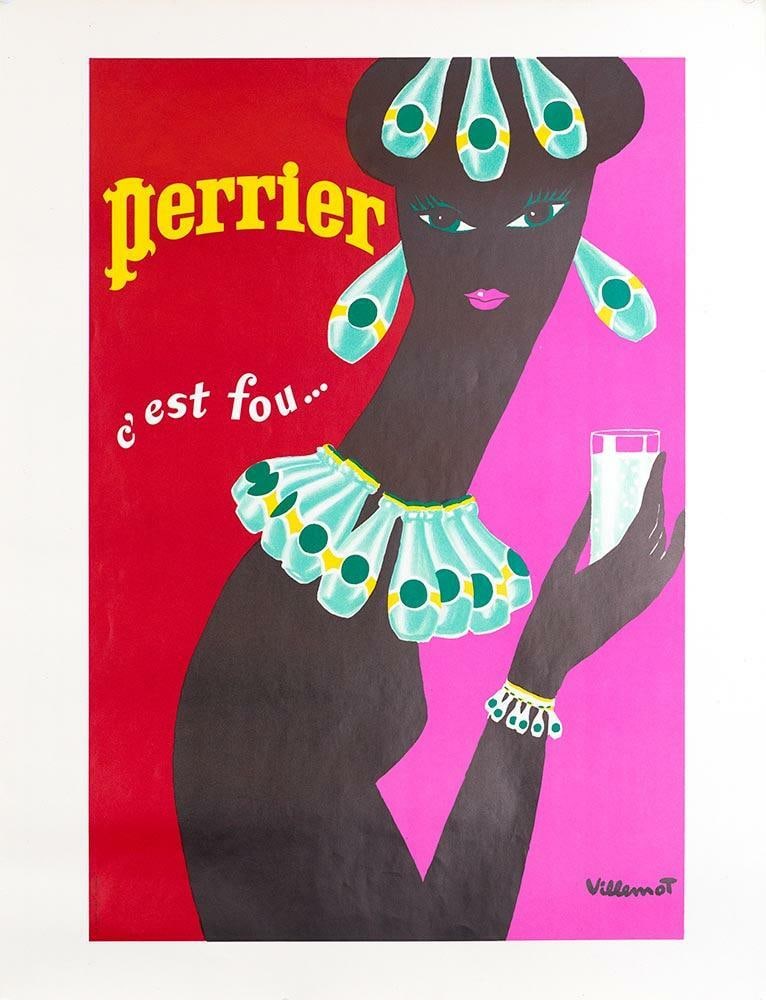 Poster Villemot Perrier Femme Noir Necklace 1977 Original French - 2