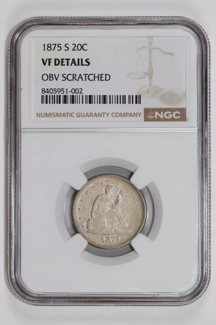 DETAILS 1875-S TWENTY CENT PIECE NGC VF: DETAILS 1875-S TWENTY CENT PIECE NGC VF This listing features DETAILS 1875-S TWENTY CENT PIECE NGC VF. Item specifics are provided below. Item Specifics: Country Of Origin: USA Certification: NGC
