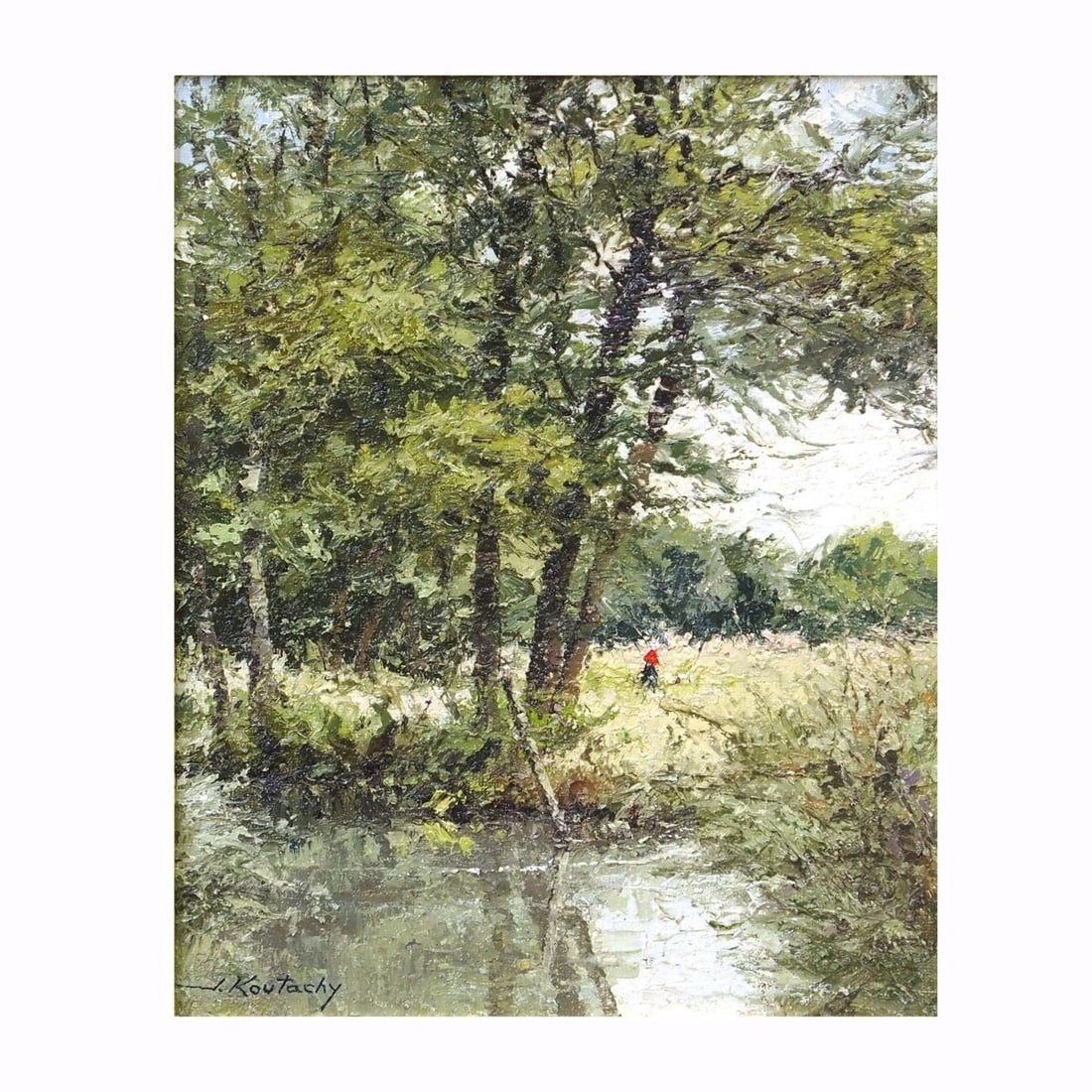 Impressionism Joseph Koutachy Oil Painting "Forest Pond" Signed Landscape France - 2