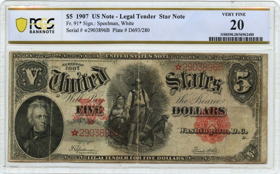 Star 1907 $5 Legal Tender Note FR#91* PCGS VF20 Woodchopper (1 of 1)