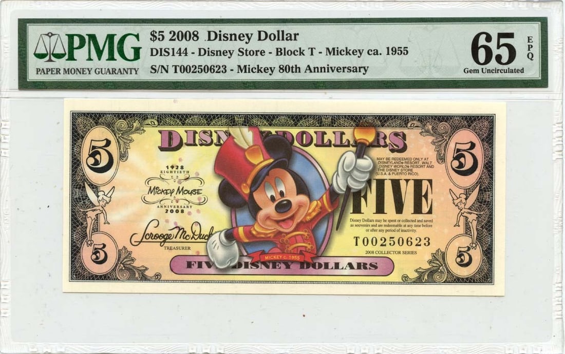 EPQ 2008 $5 Disney Dollar Mickey 80th Anniversary DIS144 PMG GEM 65 (1 of 1)