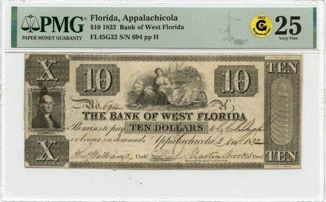 FL Obsolete Note Bank of West Florida PMG VF25 GCC Gold - 1832 $10 Appalachicola (1 of 1)