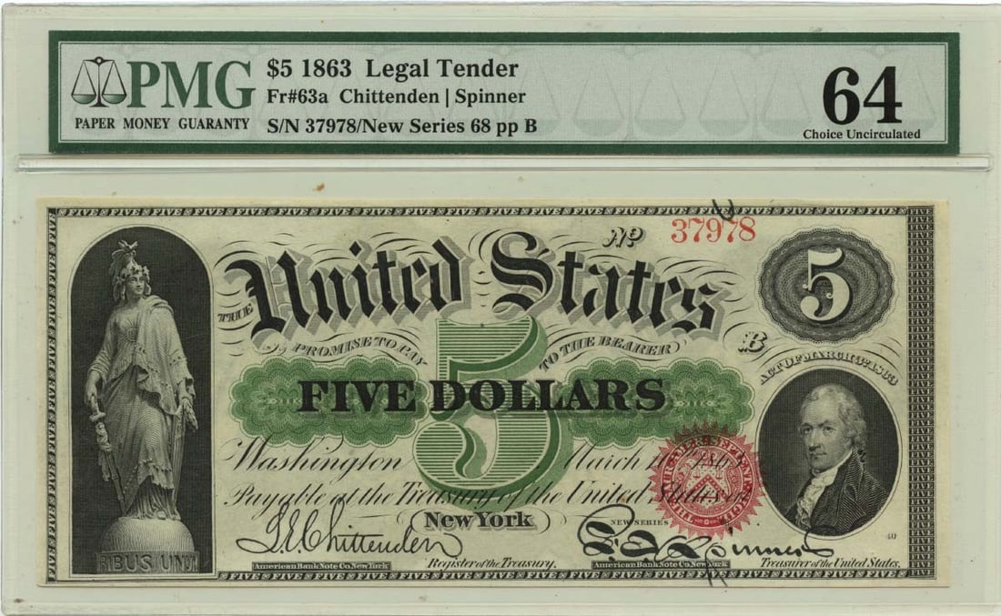 Green 1863 $5 Legal Tender Note New Series 65-75 FR#63a PMG CU64 GCC (1 of 1)