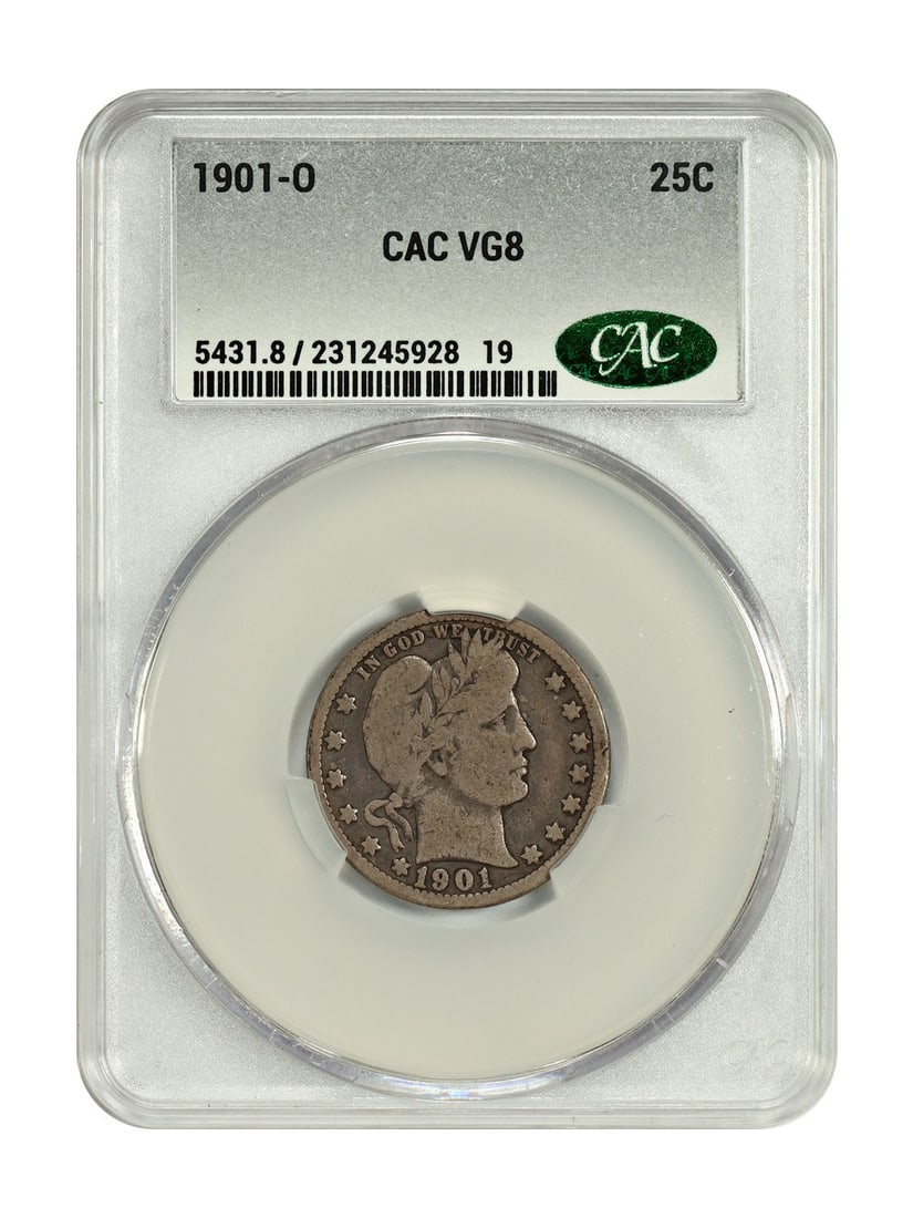 Barber Quarter - 1901-O 25C CACG VG08: Barber Quarter - 1901-O 25C CACG VG08 This listing features Barber Quarter - 1901-O 25C CACG VG08. Item specifics are provided below. Item Specifics: Certification: CACG Certification Number: 23124592