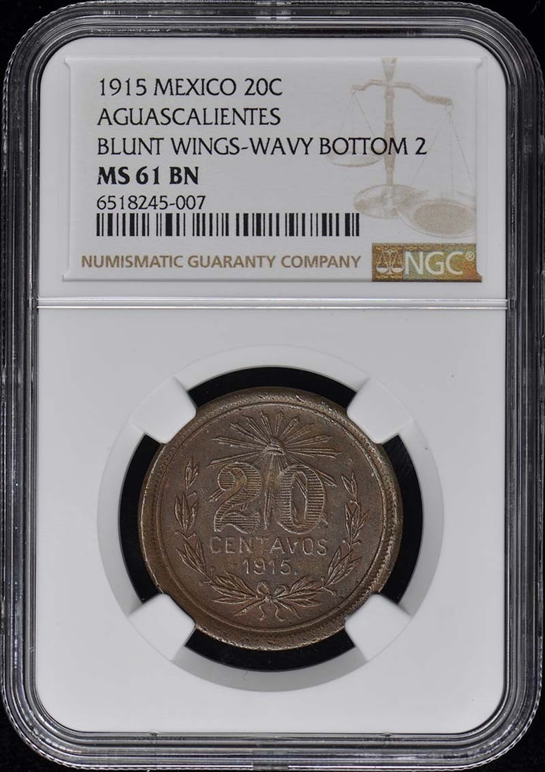 MS61BN 1915 MEXICO AGUASCALIENTES 20C NGC: MS61BN 1915 MEXICO AGUASCALIENTES 20C NGC This listing features MS61BN 1915 MEXICO AGUASCALIENTES 20C NGC. Item specifics are provided below. Item Specifics: Circulated/Uncirculated: Uncirculated