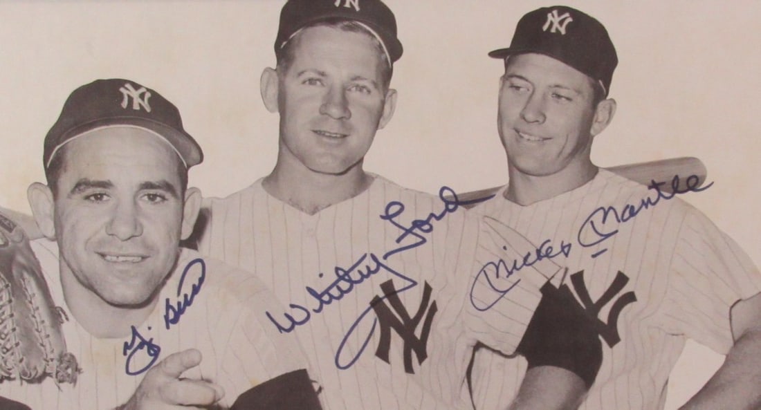 193276 Mickey Mantle/ Whitey Ford/ Yogi Berra Signed Advertisement Framed PSA - 2