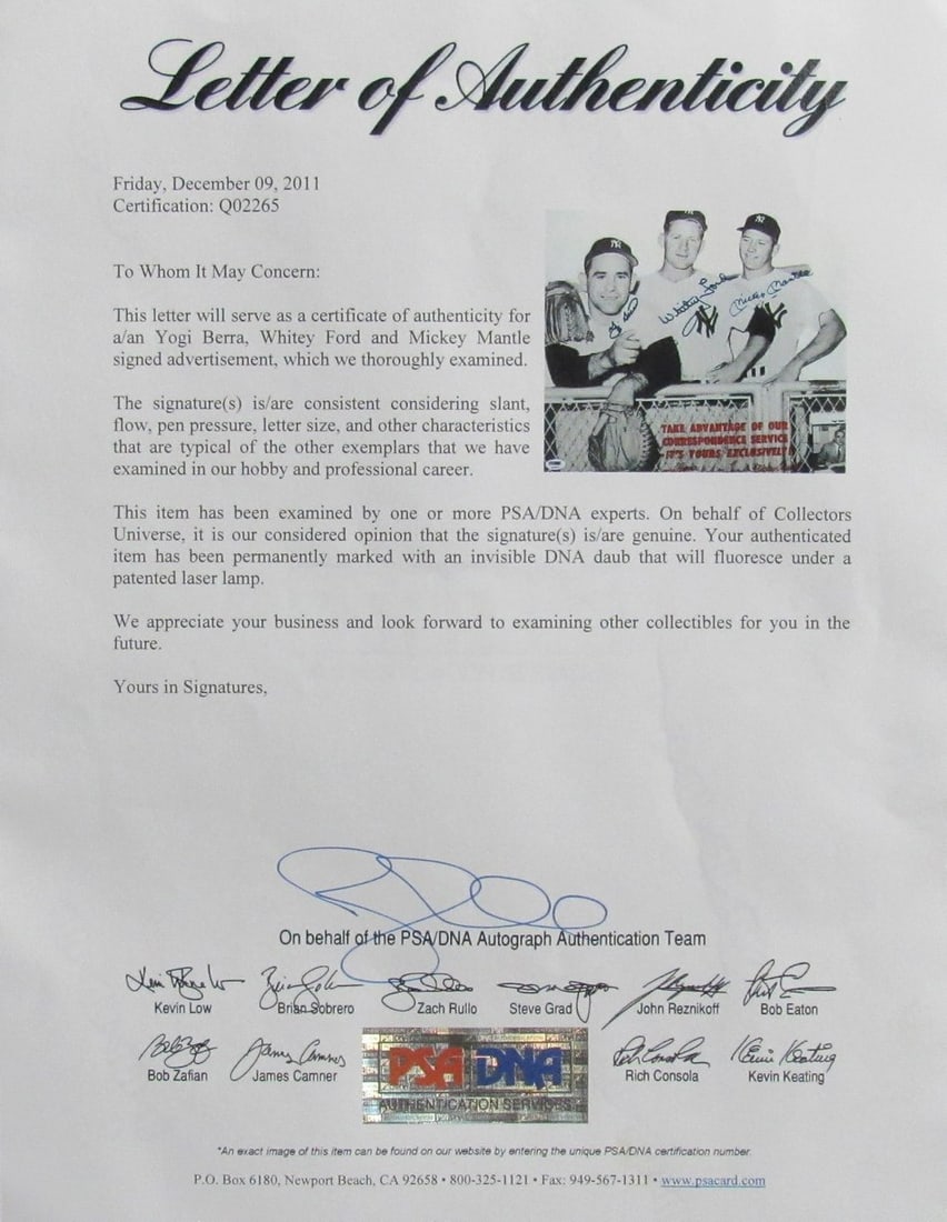 193276 Mickey Mantle/ Whitey Ford/ Yogi Berra Signed Advertisement Framed PSA - 3