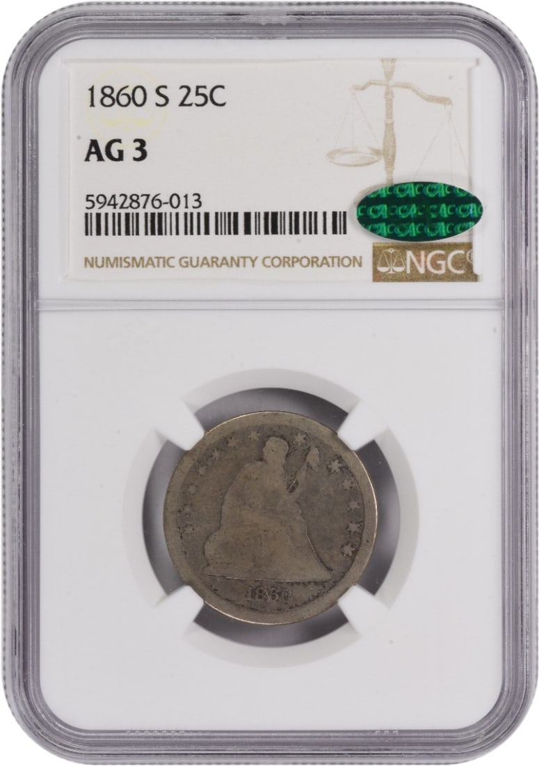 (CAC) 1860-S Liberty Seated Silver Quarter AG03 NGC (1 of 3)