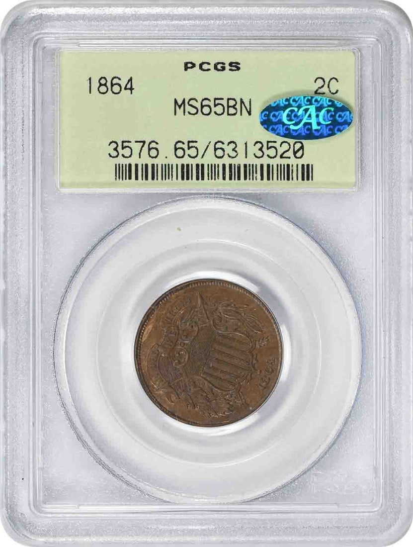 (CAC) 1864 Two Cent Piece MS65BN PCGS OGH: (CAC) 1864 Two Cent Piece MS65BN PCGS OGH This listing features (CAC) 1864 Two Cent Piece MS65BN PCGS OGH. Item specifics are provided below. Item Specifics: Composition: Bronze Grade: MS65 Km Number: