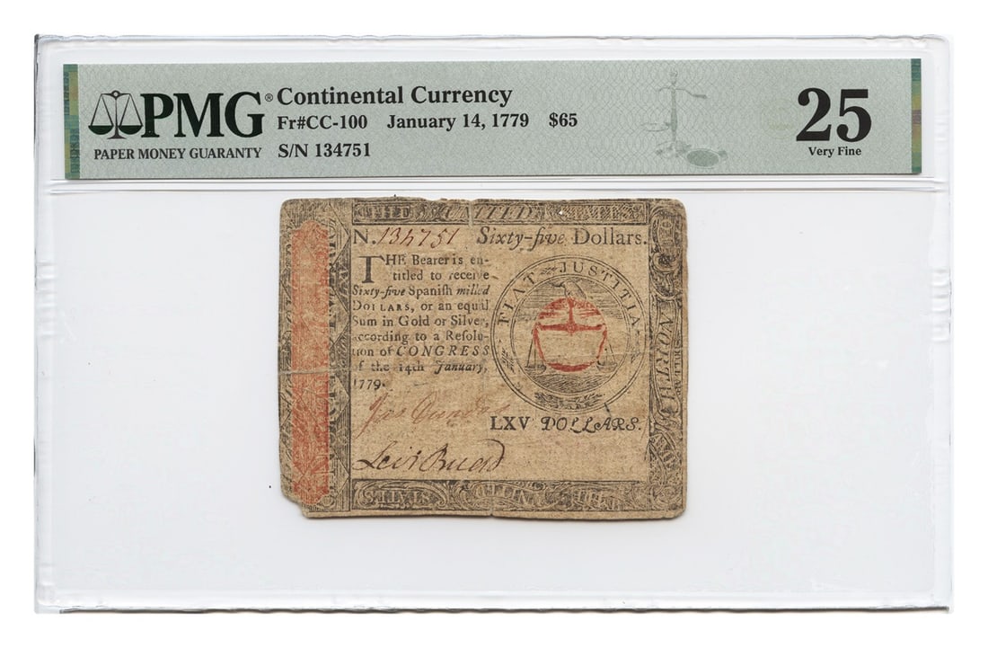 1779 $65 Continental Colonial Currency PMG VF25 (Corner Tip - FR. CC-100 Jan. 14 (1 of 2)