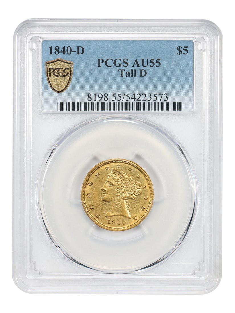 Liberty Head $5 - 1840-D $5 PCGS AU55 (Tall D): Liberty Head $5 - 1840-D $5 PCGS AU55 (Tall D) This listing features Liberty Head $5 - 1840-D $5 PCGS AU55 (Tall D). Item specifics are provided below. Item Specifics: Certification: PCGS