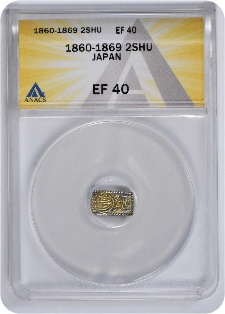 ANACS 1860-1869 Japan Shogunate 2 Shu EF40: ANACS 1860-1869 Japan Shogunate 2 Shu EF40 This listing features ANACS 1860-1869 Japan Shogunate 2 Shu EF40. Item specifics are provided below. Item Specifics: Certification: ANACS Year: 1860