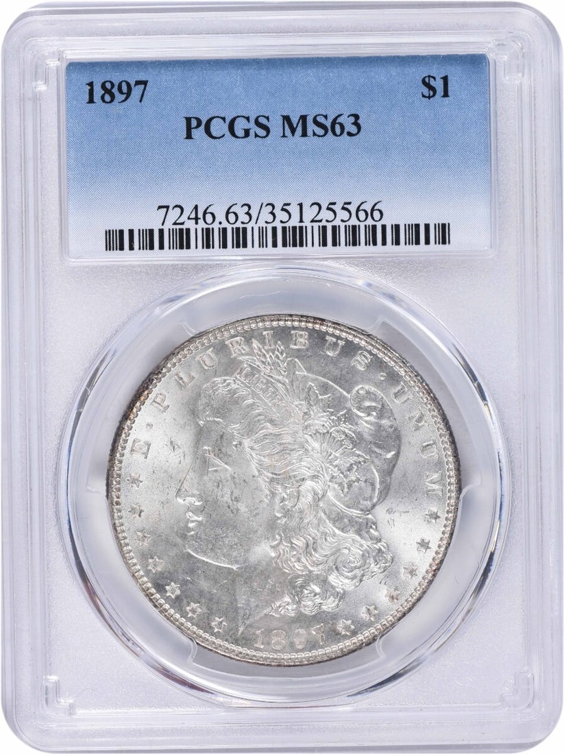 PCGS 1897 Morgan Silver Dollar MS63: PCGS 1897 Morgan Silver Dollar MS63 This listing features PCGS 1897 Morgan Silver Dollar MS63. Item specifics are provided below. Item Specifics: Country Of Origin: United States Certification: PCGS C