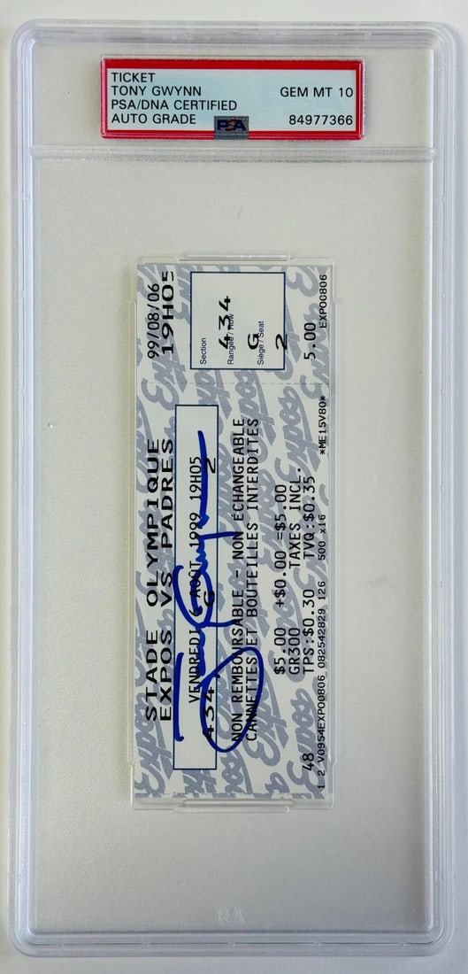 10 Tony Gwynn Signed 3000th Career Hit Ticket Aug 6 1999 (PSA) GEM MINT (1 of 2)