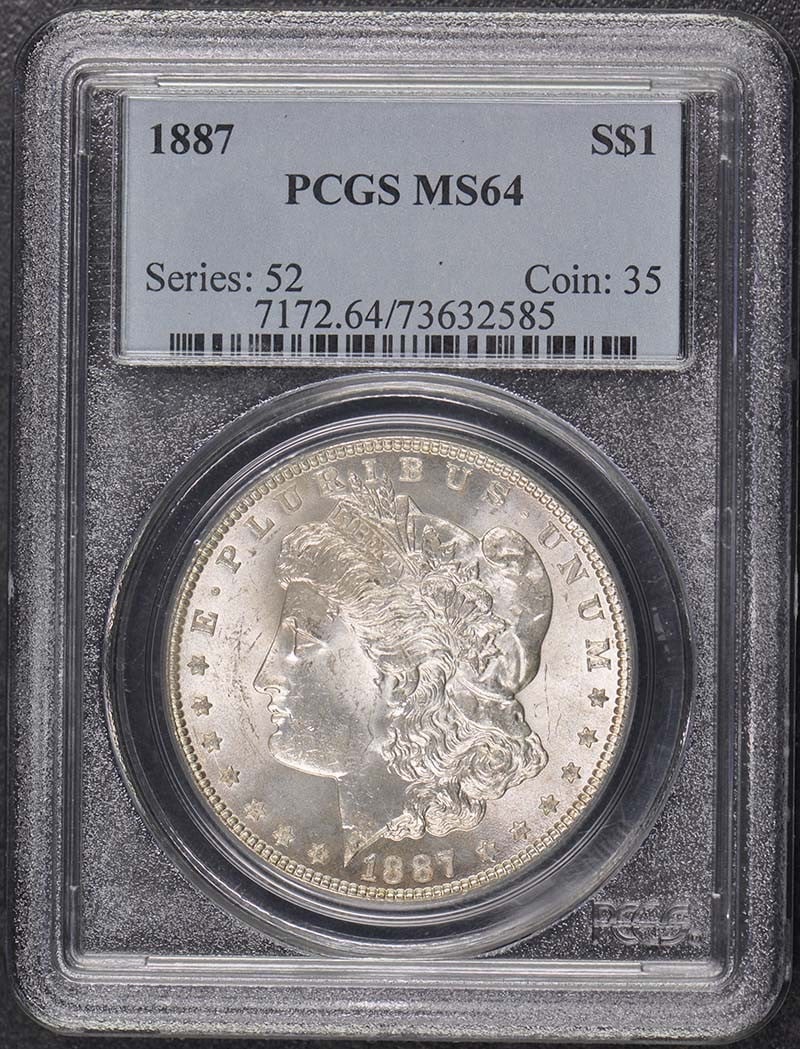 MS64 1887 $1 Morgan Dollar PCGS: MS64 1887 $1 Morgan Dollar PCGS This listing features MS64 1887 $1 Morgan Dollar PCGS. Item specifics are provided below. Item Specifics: Certification: PCGS Certification Number: 73632585 Grade: