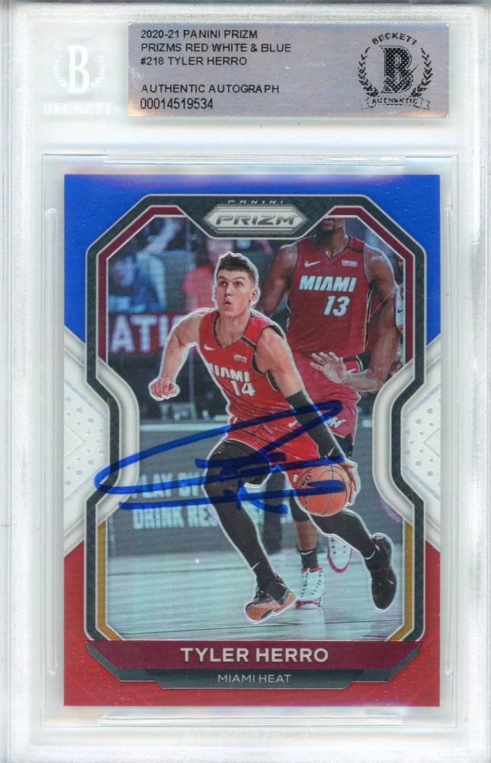 (B Tyler Herro Autographed 2020-21 Panini Prizm Red White & Blue Prizm Card #218 (1 of 2)