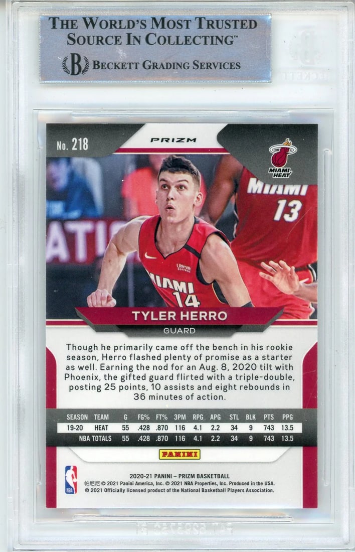 (B Tyler Herro Autographed 2020-21 Panini Prizm Red White & Blue Prizm Card #218 - 2