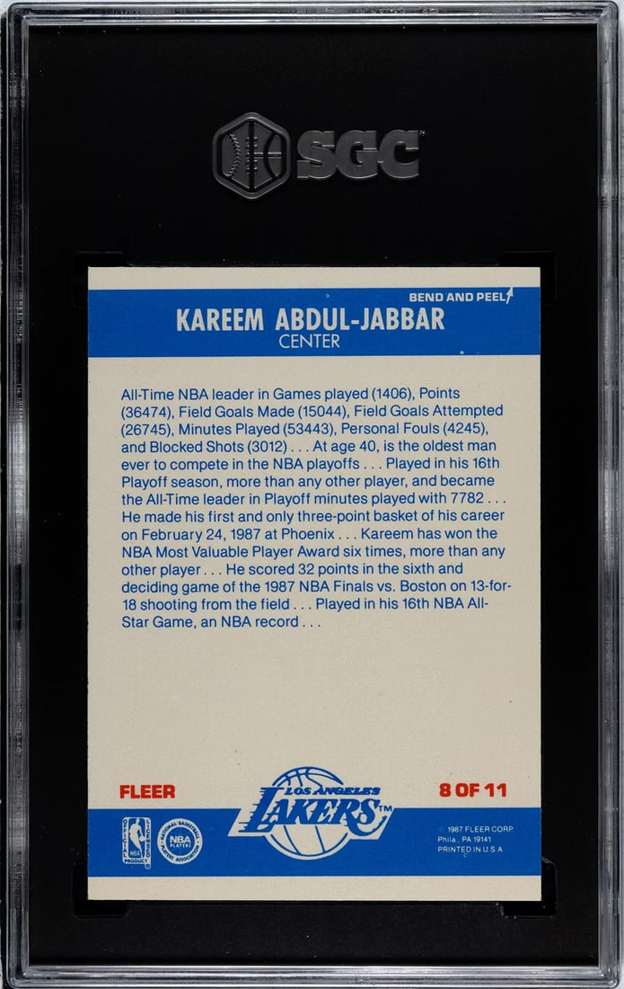 7.5 Kareem Abdul-Jabbar 1987 Fleer Sticker #8 SGC - 2