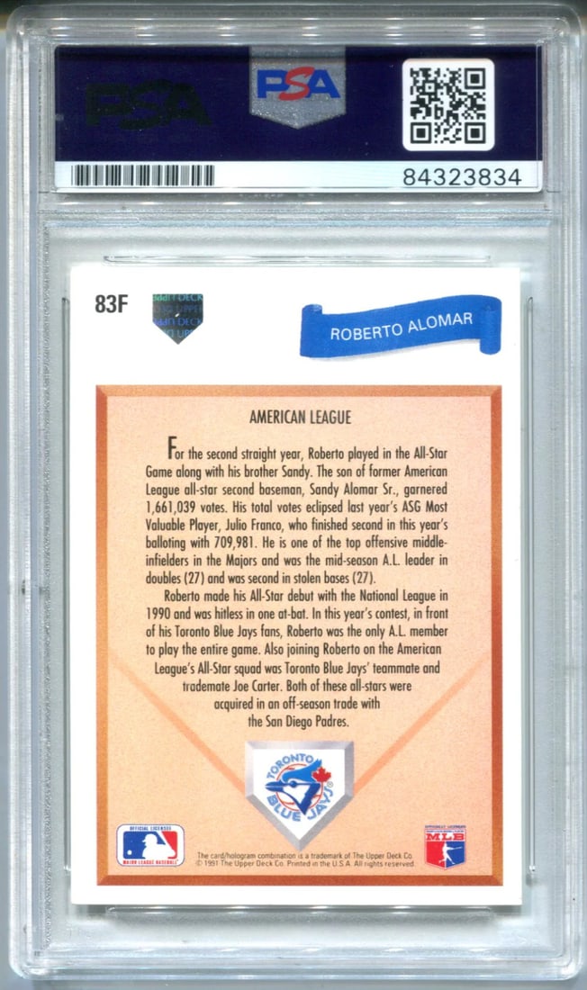 Card Roberto Alomar Upper Deck 1991 #83F (PSA Authentic) Autographed - 2