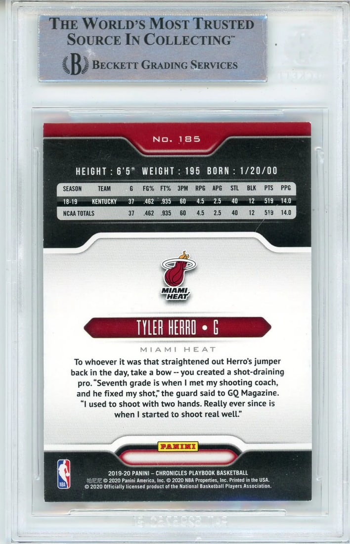 (BGS Tyler Herro Autographed 2019-20 Panini Chronicles Playbook Rookie Card #185 - 2