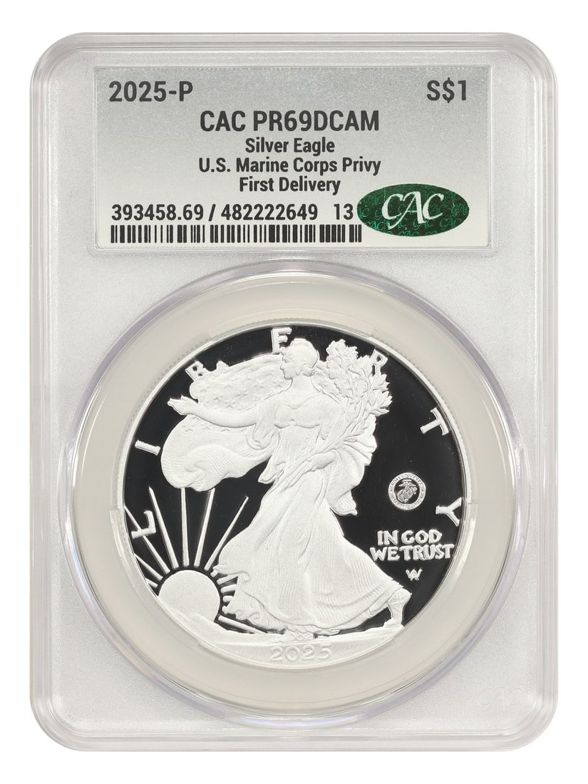 First Delivery) - 2025-P $1 Silver Eagle CACG PR69DCAM (Marine Corps Privy: First Delivery) - 2025-P $1 Silver Eagle CACG PR69DCAM (Marine Corps Privy This listing features First Delivery) - 2025-P $1 Silver Eagle CACG PR69DCAM (Marine Corps Privy. Item specifics are provided