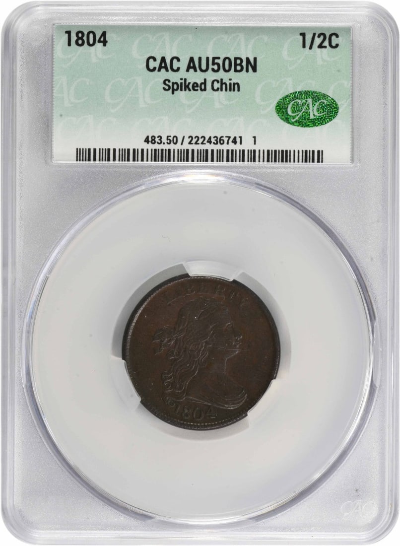 CACG 1804 Half Cent Spiked Chin AU50BN: CACG 1804 Half Cent Spiked Chin AU50BN This listing features CACG 1804 Half Cent Spiked Chin AU50BN. Item specifics are provided below. Item Specifics: Country Of Origin: United States Certification: