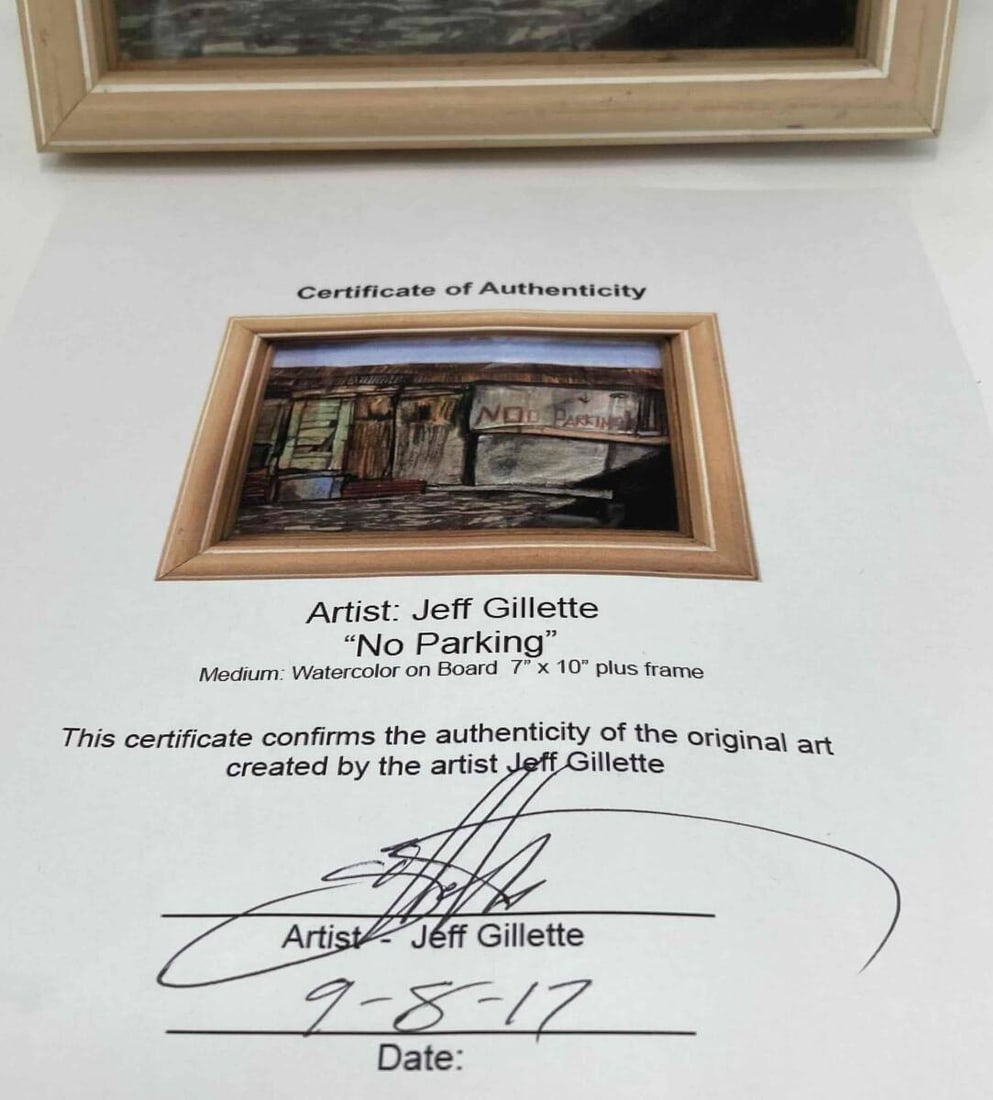 Framed Jeff Gillette No Parking 2017 Original Watercolor on Board Signed COA - 2