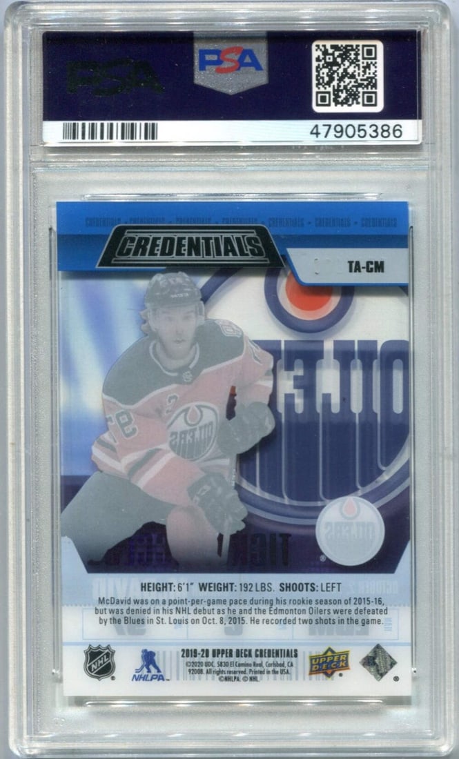 199 Connor McDavid 2019 Upper Deck Credentials #TACAM PSA 9 Card/ - 2