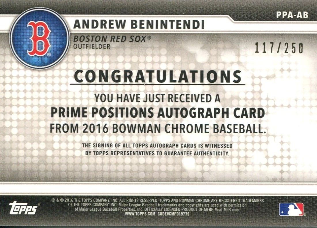 Card Andrew Benintendi Autographed 2016 Topps Bowman Chrome - 2