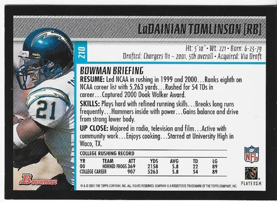 Card LaDainian Tomlinson 2001 Topps #210 Bowman Rookie - 2