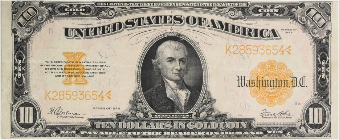 Uncertified 1922 $10 Large Gold Certificate FR1173 EF (1 of 2)